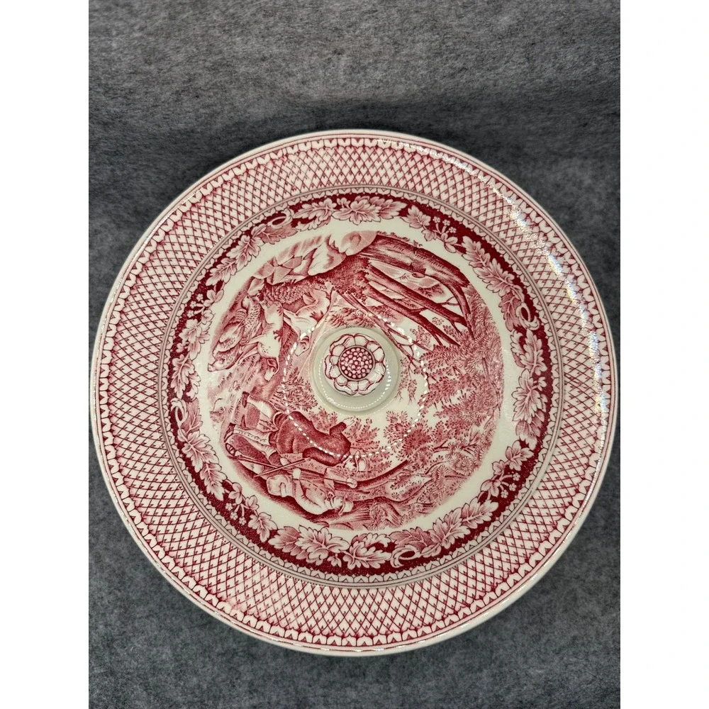 Homer Laughlin Currier & Ives Red Transferware Covered Bowl Husking Partridge